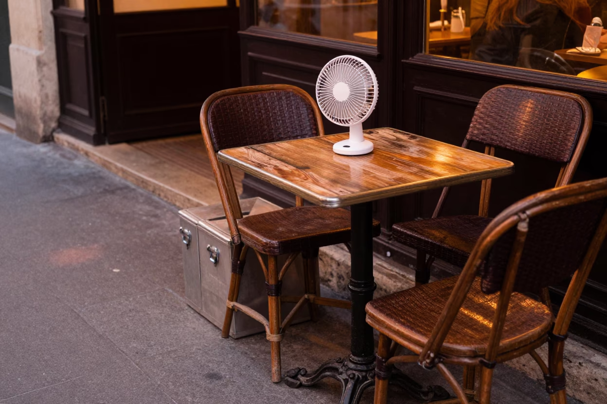 Cafe Table in Paris at Copper-toned Light Before Dusk in in Paris, France