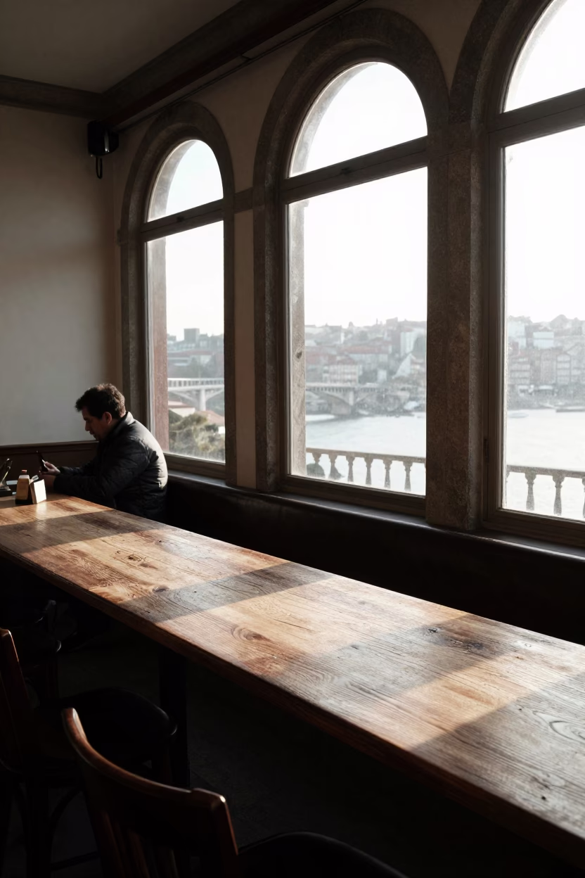 Cafe Table in Porto at As First Light Reaches The Scene in in Porto, Portugal