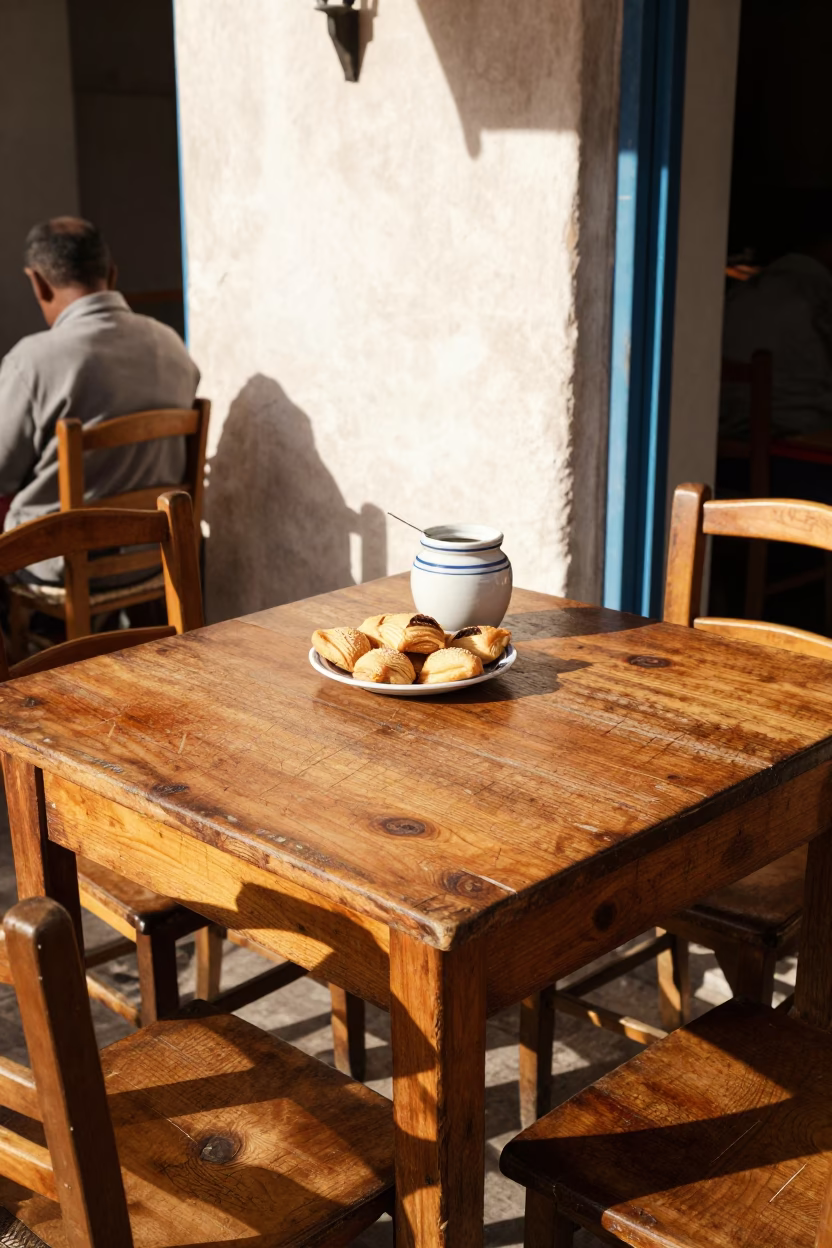 Cafe Table in Tunis at Late Afternoon Light in in Tunis, Tunisia