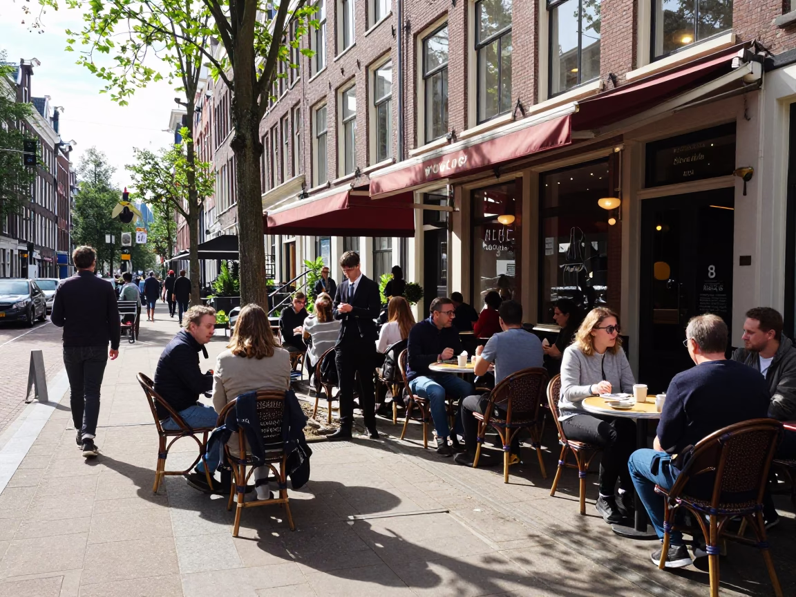 Cafe Terrace in Amsterdam at Bright Midmorning Light in in Amsterdam, Netherlands