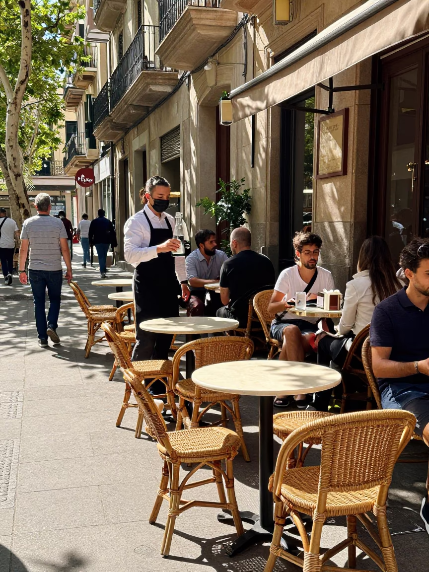 Cafe Terrace in Barcelona at Bright Midmorning Light in in Barcelona, Spain
