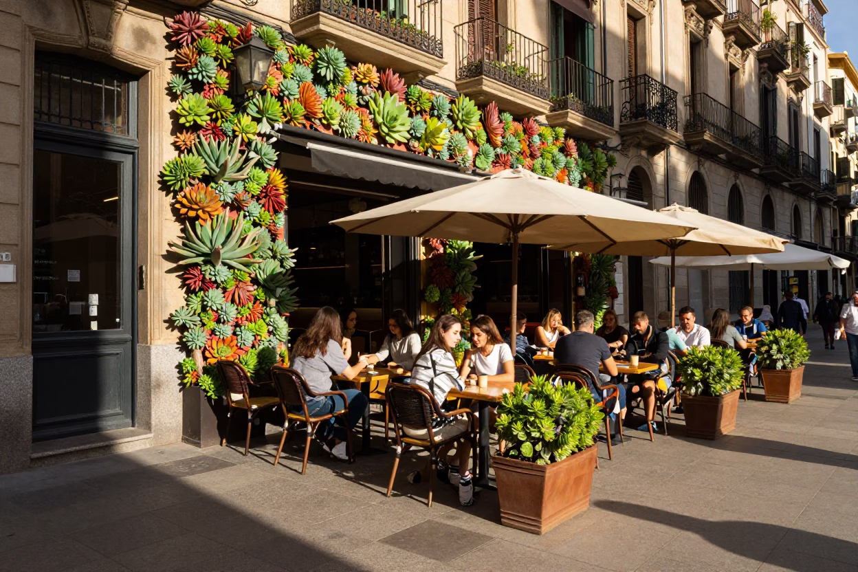 Cafe Terrace in Barcelona at The Early Afternoon Light in in Barcelona, Spain