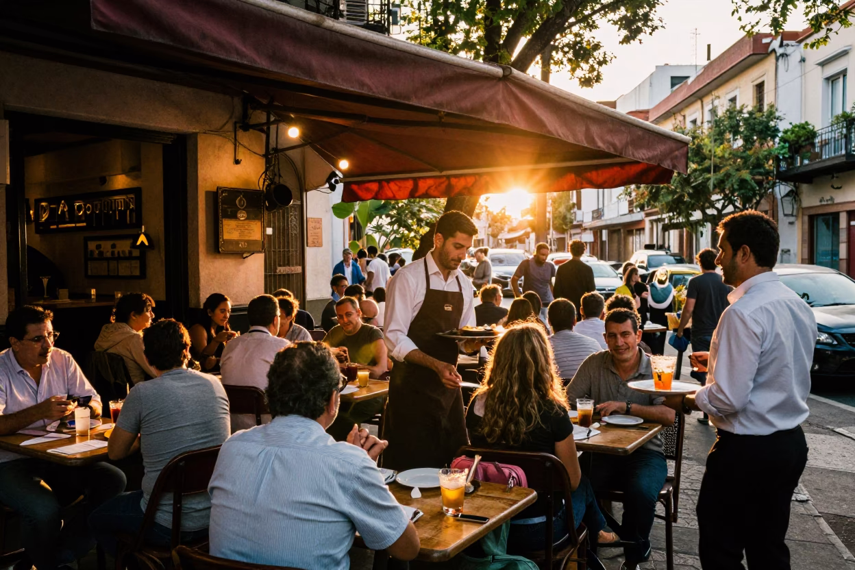 Cafe Terrace in Buenos Aires at Honeyed Evening Light in in Buenos Aires, Argentina
