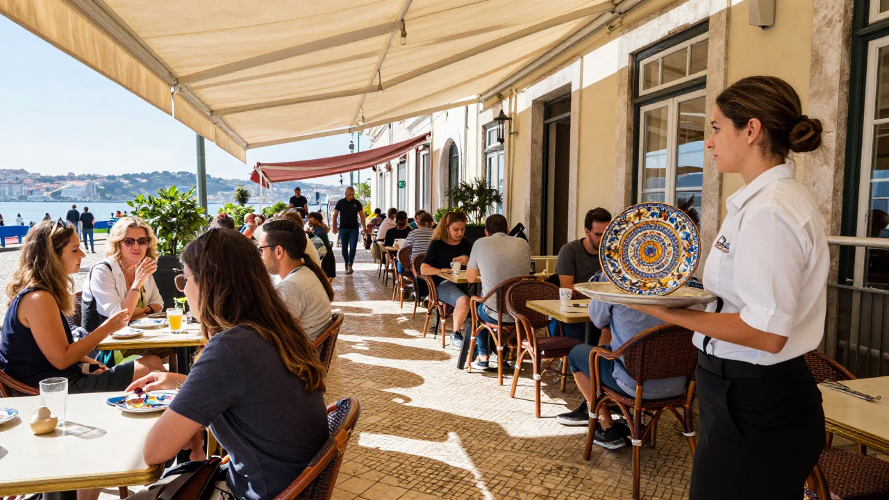 Cafe Terrace in Lisbon at Bright Midmorning Light in in Lisbon, Portugal