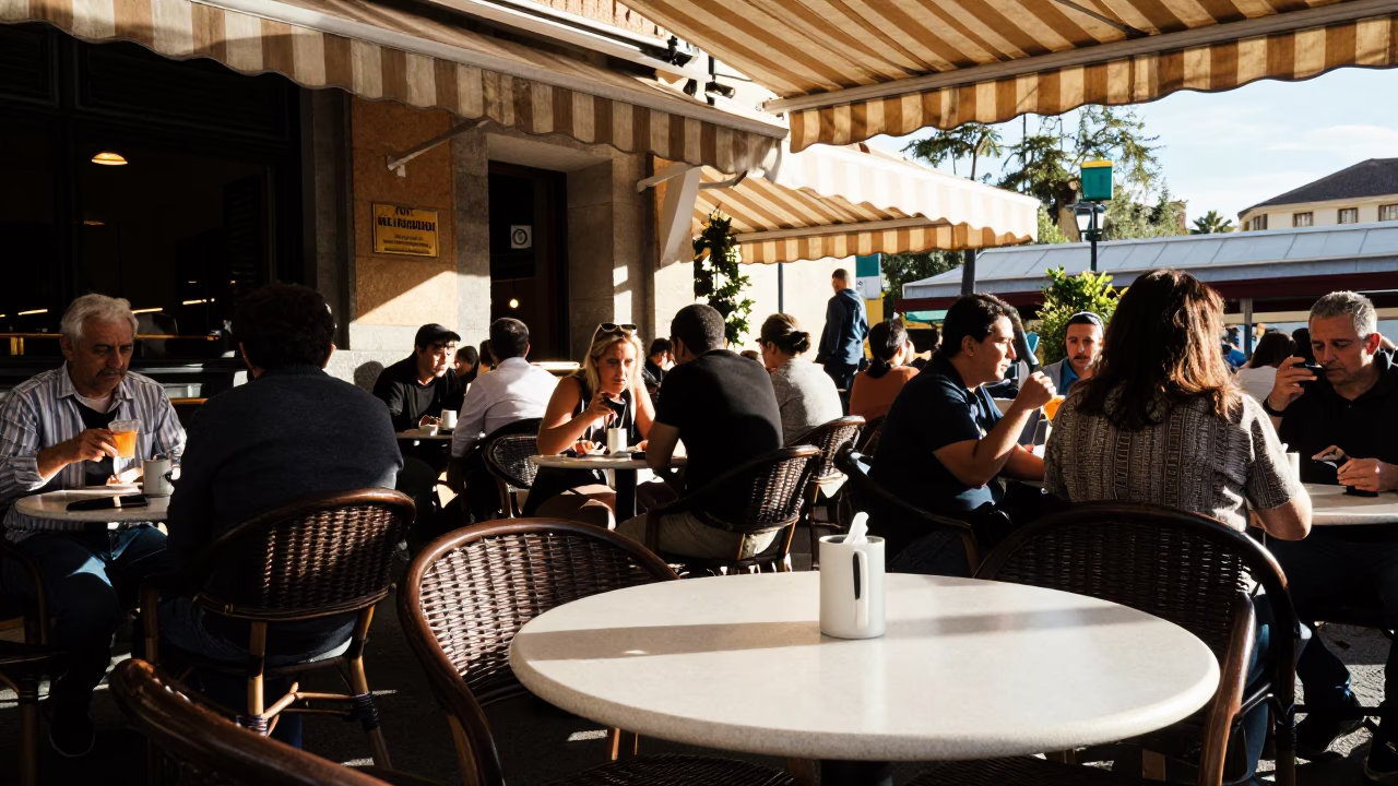 Cafe Terrace in Madrid at The Early Afternoon Light in in Madrid, Spain