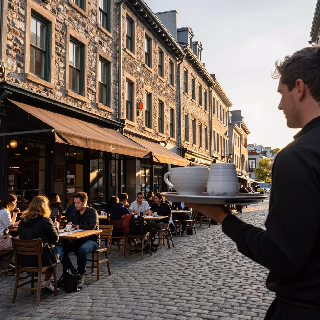 Cafe Terrace in Montreal at Golden Hour in in Montreal, Quebec, Canada