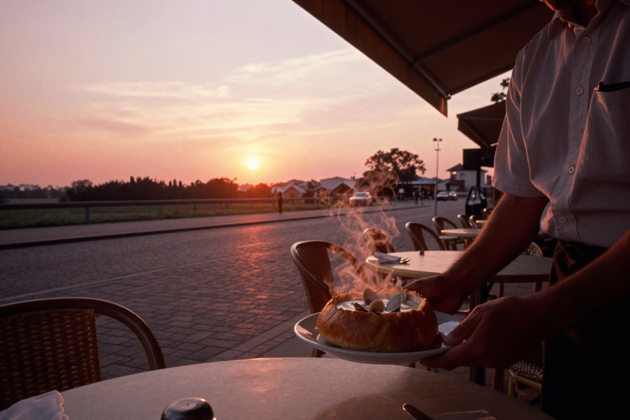 Cafe Terrace in Nice at Copper-toned Light Before Dusk in in Nice, France