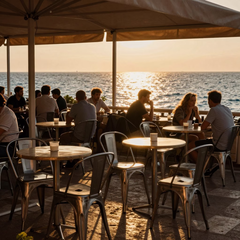 Cafe Terrace in Nice France with Metal Stools and Evening Mediterranean Light in in Nice, France