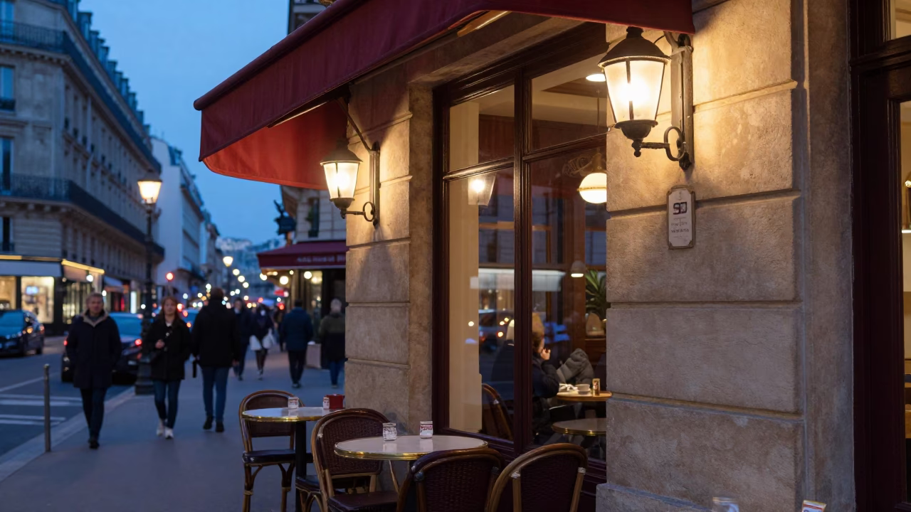 Cafe Terrace in Paris at Blue Hour in in Paris, France