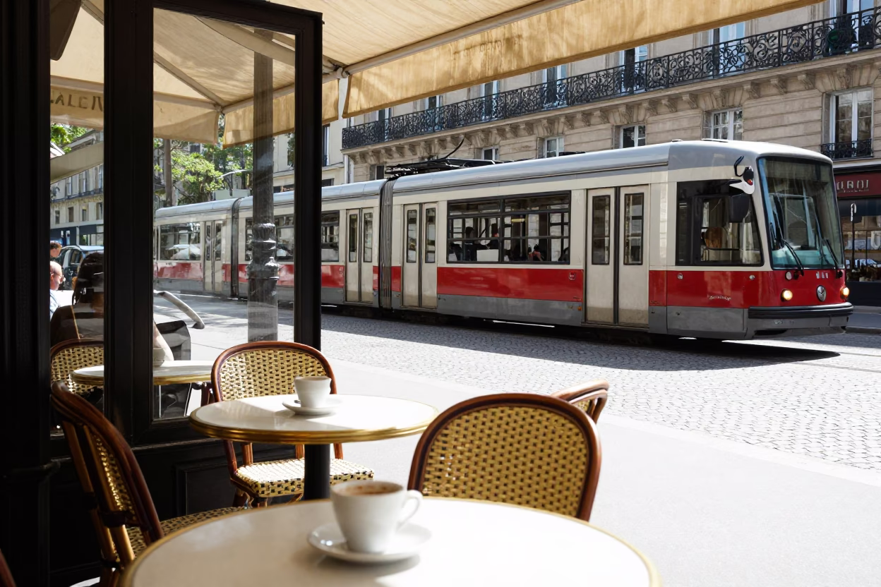Café Terrace in Paris at Bright Midmorning Light in in Paris, France
