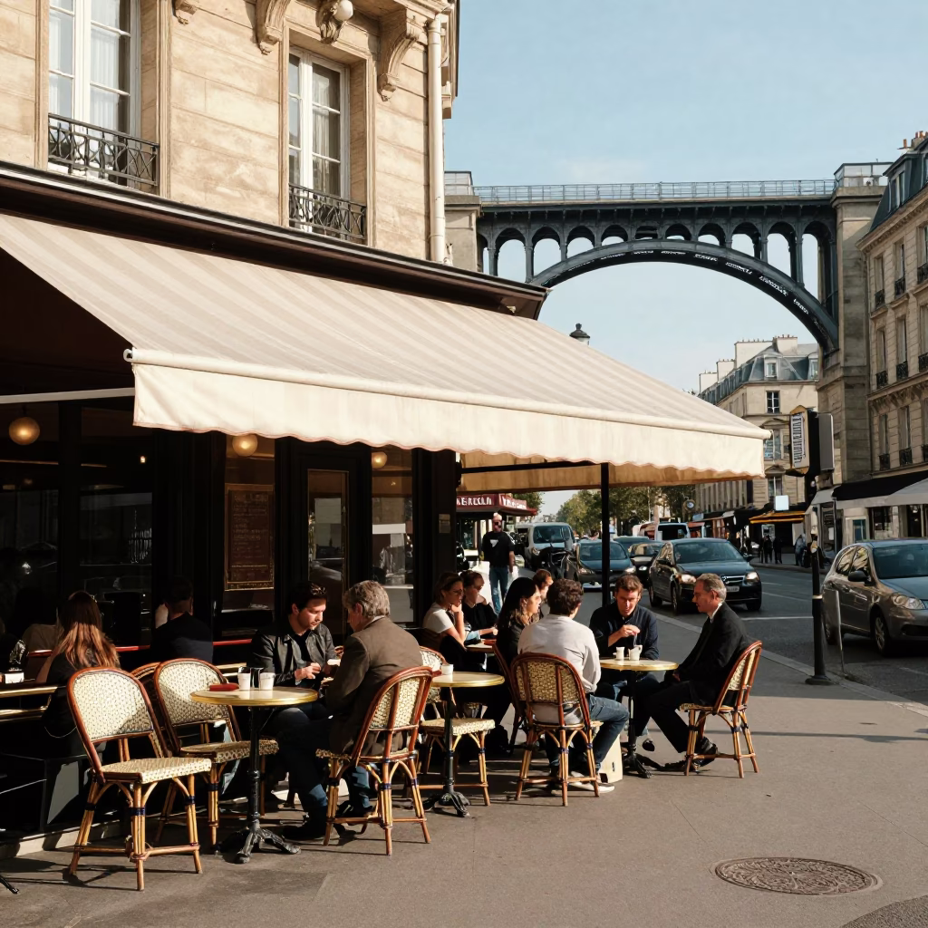 Café Terrace in Paris at Clear Late-afternoon Light in in Paris, France