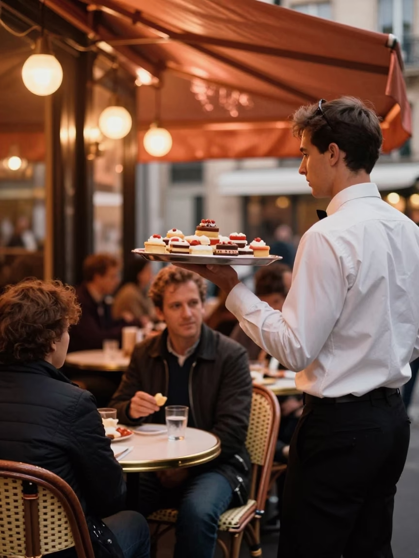 Café Terrace in Paris at Copper-toned Light Before Dusk in in Paris, France