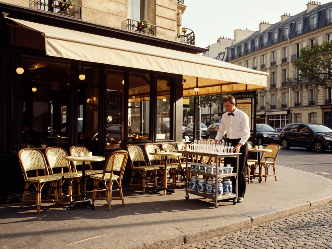 Café Terrace in Paris at Late Afternoon Light in in Paris, France