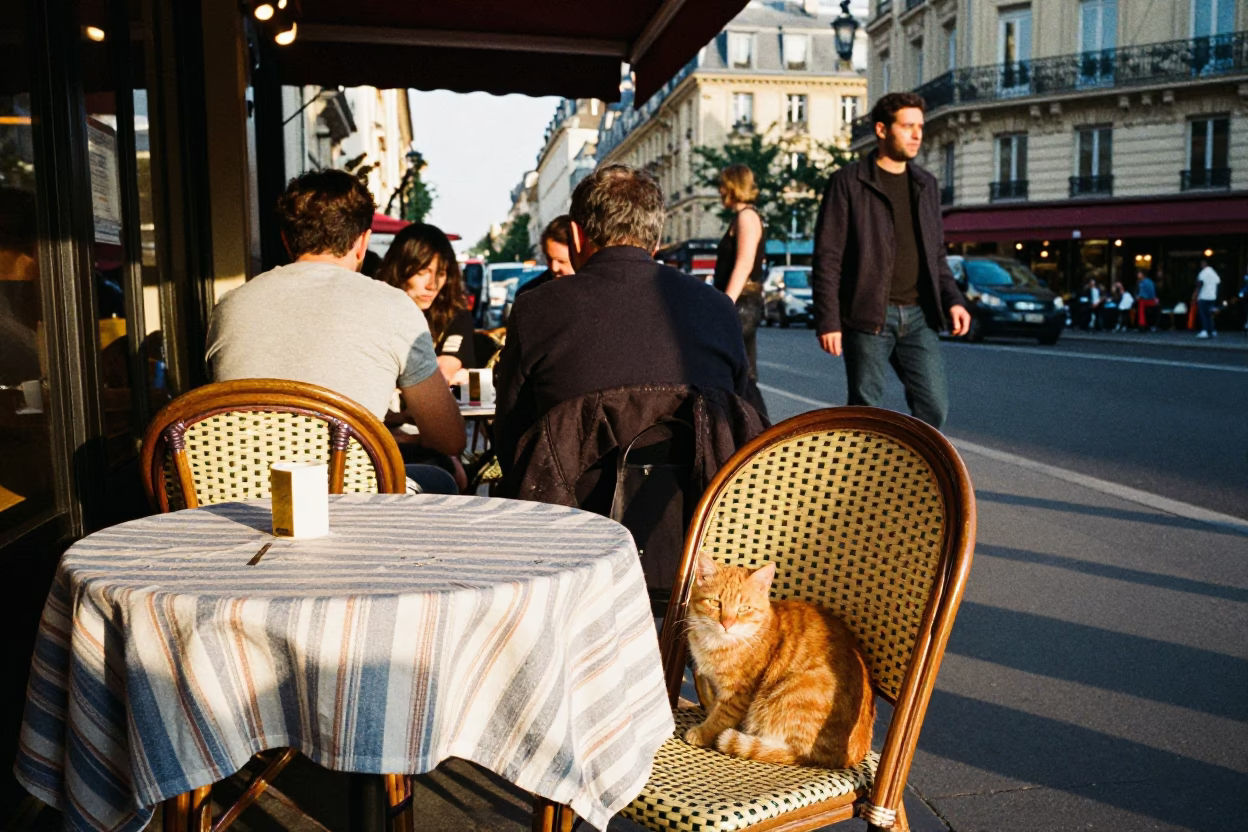 Cafe Terrace in Paris at The Late Afternoon Light in in Paris, France