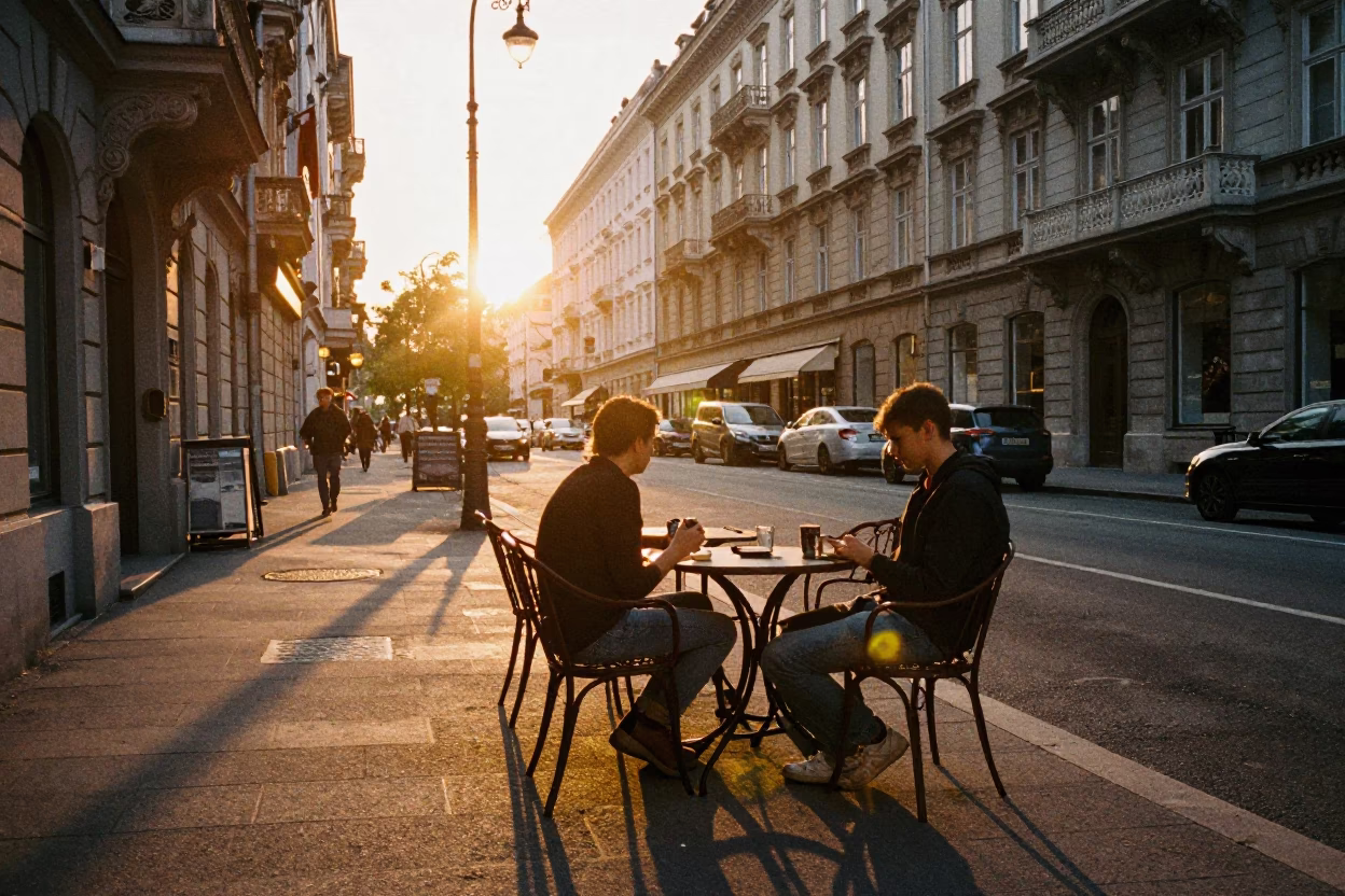 Cafe Terrace in Vienna at As The Sun Drops Toward The Horizon in in Vienna, Austria