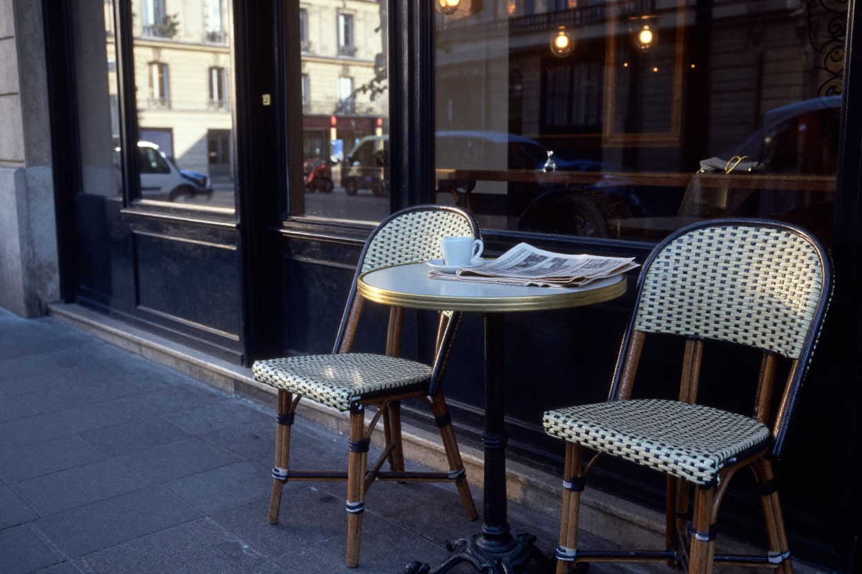Cafe Terrace just after sunrise in Paris in in Paris, France