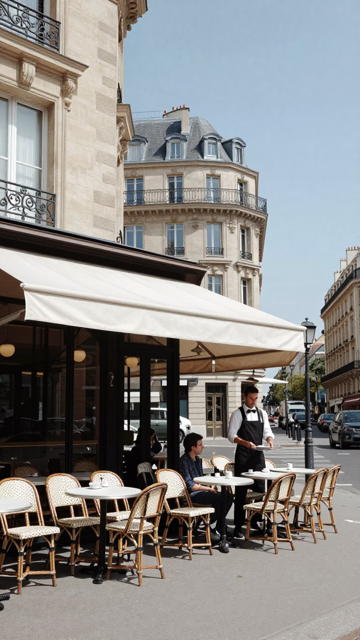 Café Terrace Noon in Paris France with White Saucers and Steel Kettle in in Paris, France