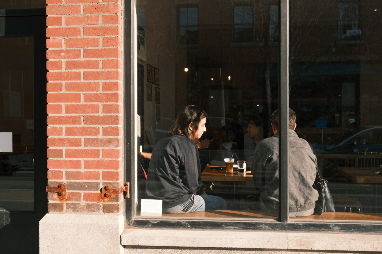 Cafe Window in Toronto at The Early Afternoon Light in in Toronto, Ontario, Canada