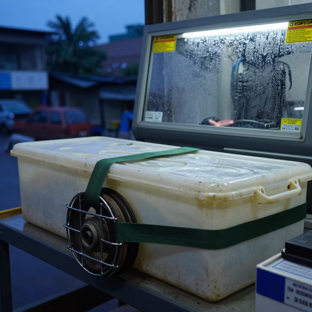Cage Wheel Repair Tub Under Blue Hour Dock Light in at a parcel sorting belt near Chor Bazaar, Mumbai