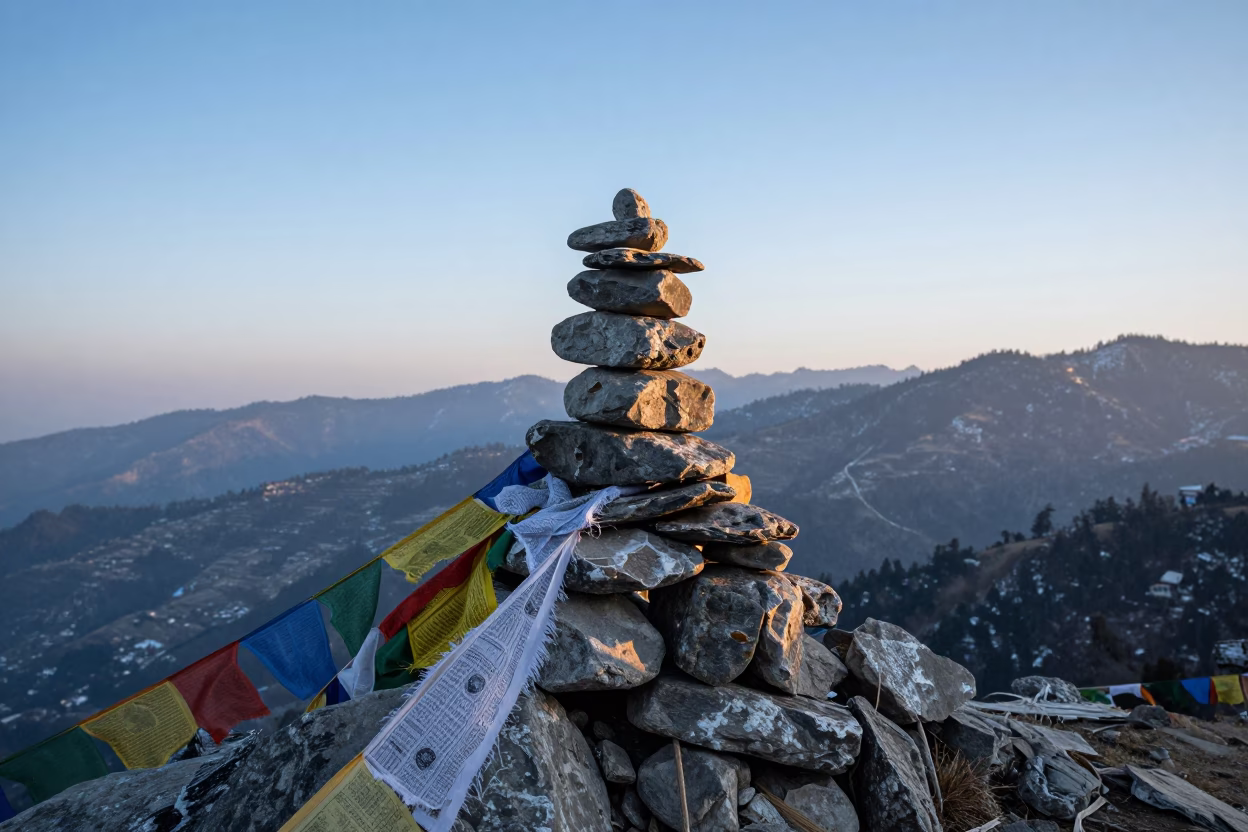 Cairn and Prayer Flags at Dawn Over Shimla Valley in at a rocky saddle overlooking a mountain valley near Shimla