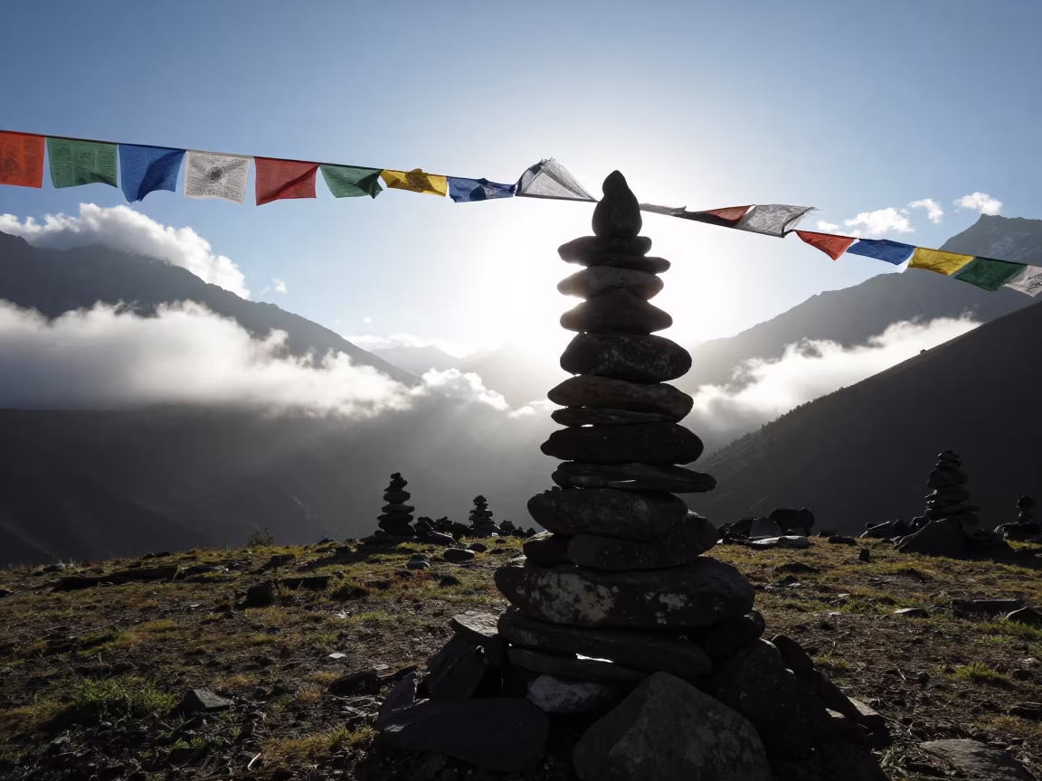 Cairn Silhouette at Mountain Pass Sunrise in along a high mountain pass beneath prayer flags near Kathmandu