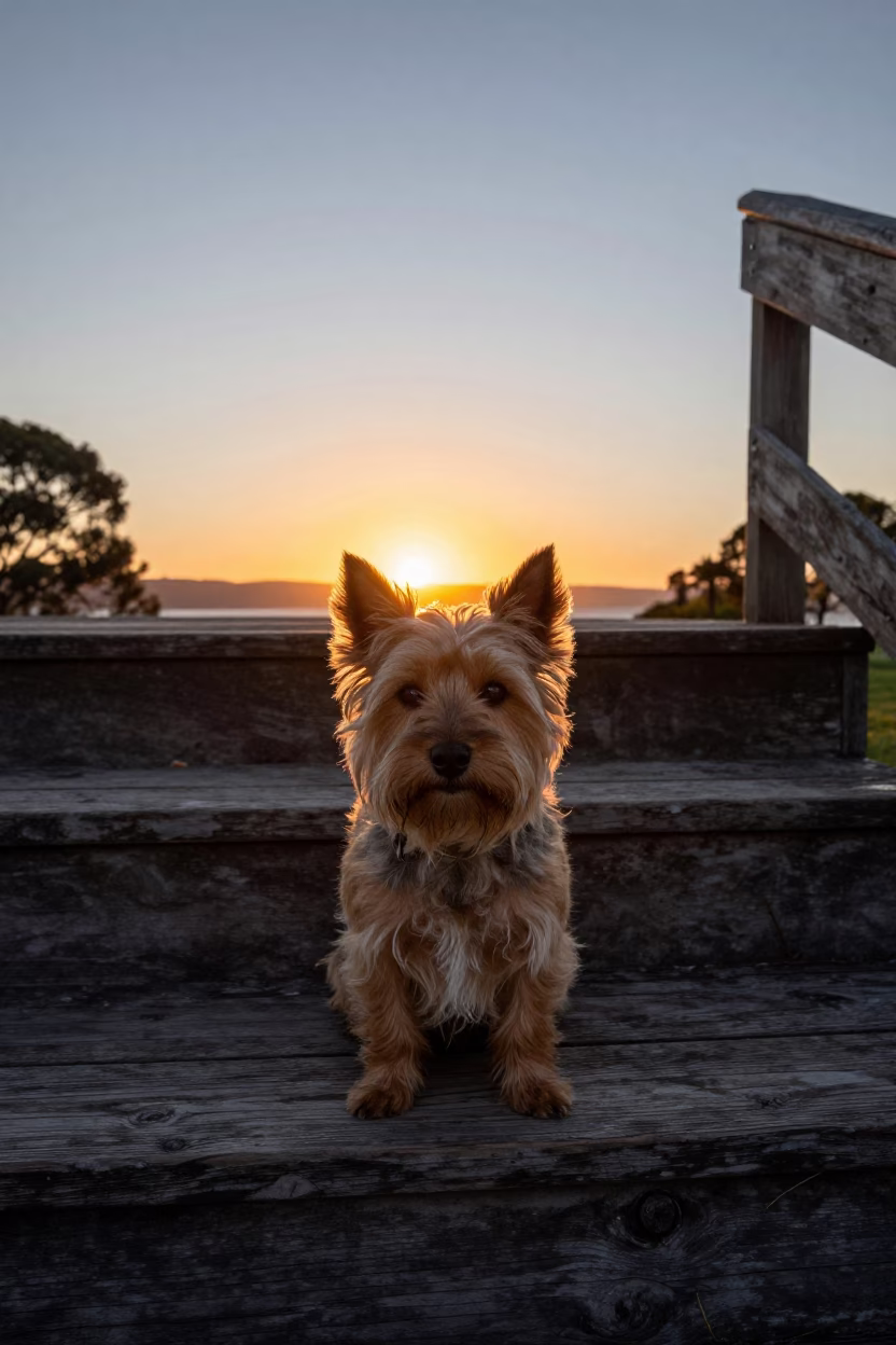 Cairn Terrier in Hobart at As The Sun Drops Toward The Horizon in in Hobart, Tasmania, Australia