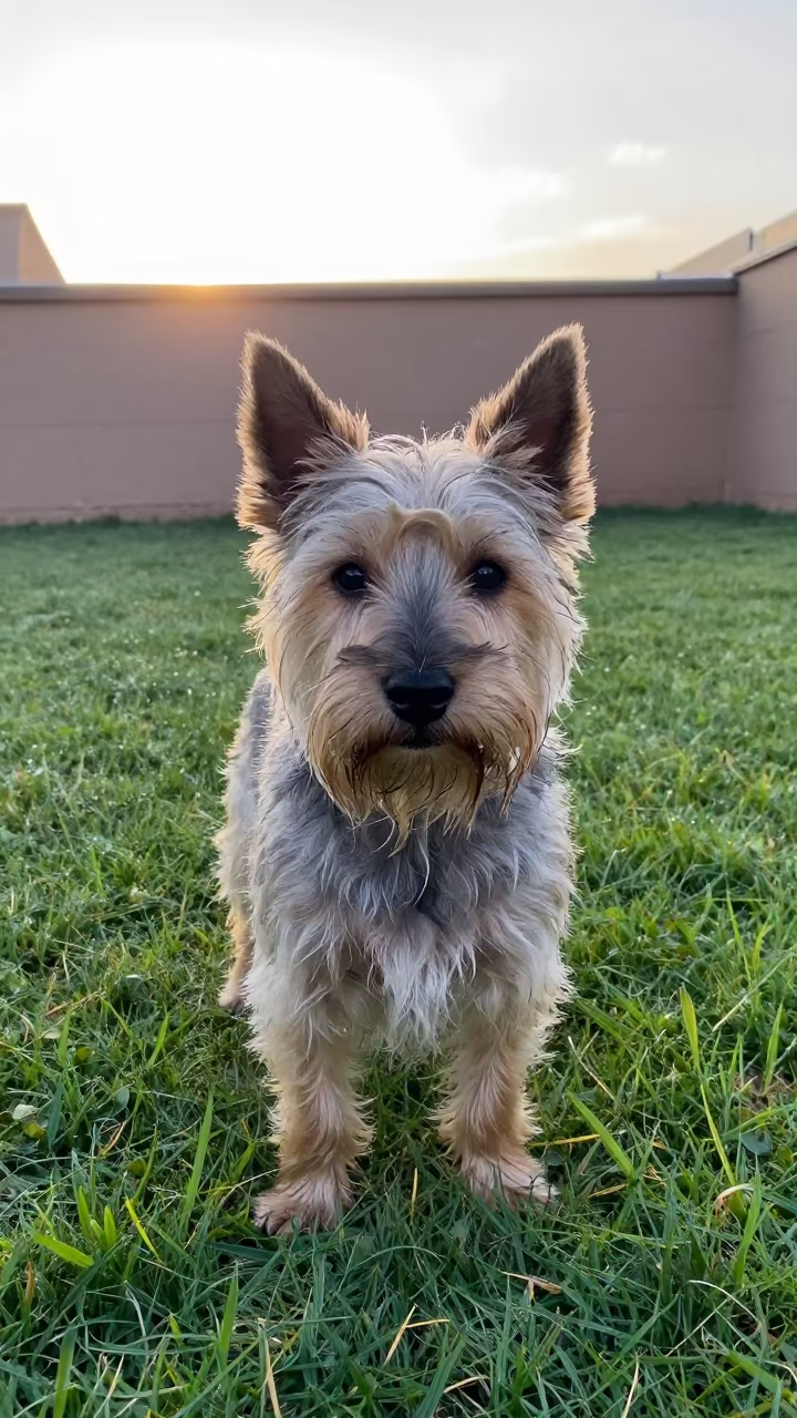 Cairn Terrier Portrait in Béchar Dawn Light in in a small yard with clipped grass, calm light, and the animal centered in frame in Béchar