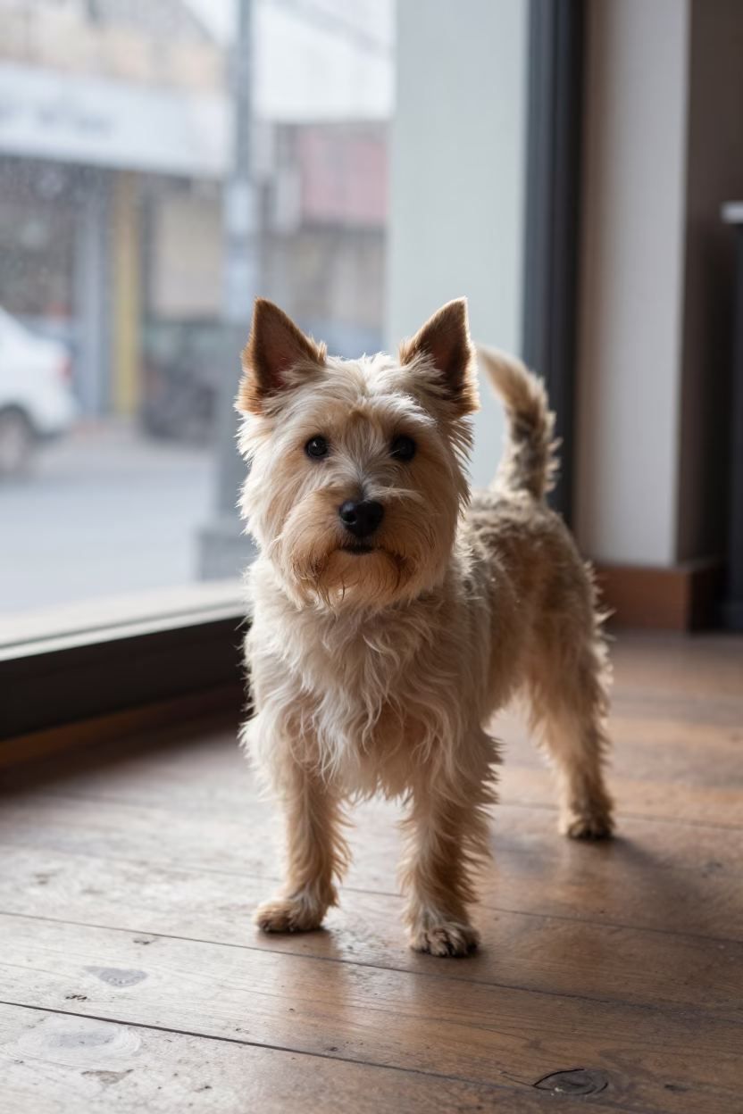 Cairn Terrier Portrait in Kasur Studio Dawn Light in in a quiet portrait studio with a plain backdrop and eye-level framing in Kasur