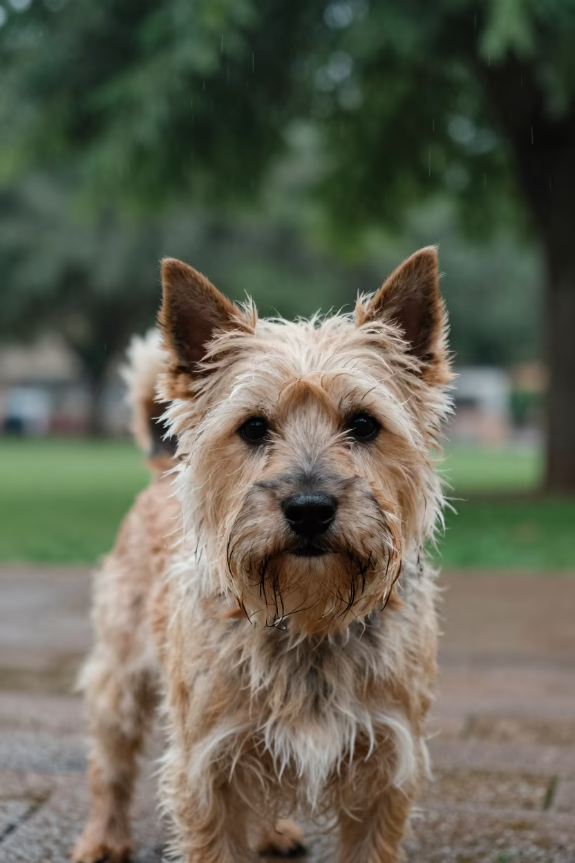 Cairn Terrier Portrait in Salalah Park Rain in along a quiet park path with soft open shade and a clean background near Salalah