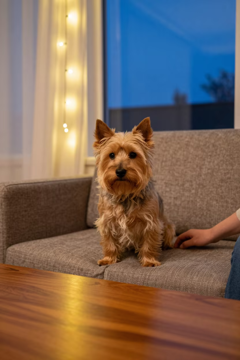 Cairn Terrier Portrait on Sofa in Kamsar Evening in on a sofa near a curtained window with calm indoor light in Kamsar