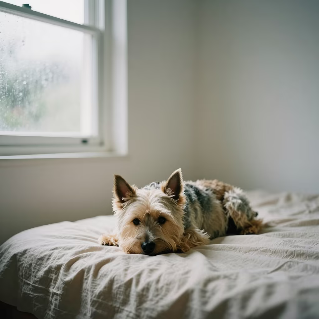 Cairn Terrier Resting on Bedspread Near Window in on a bedspread near a bright window with calm indoor light in Guadalajara