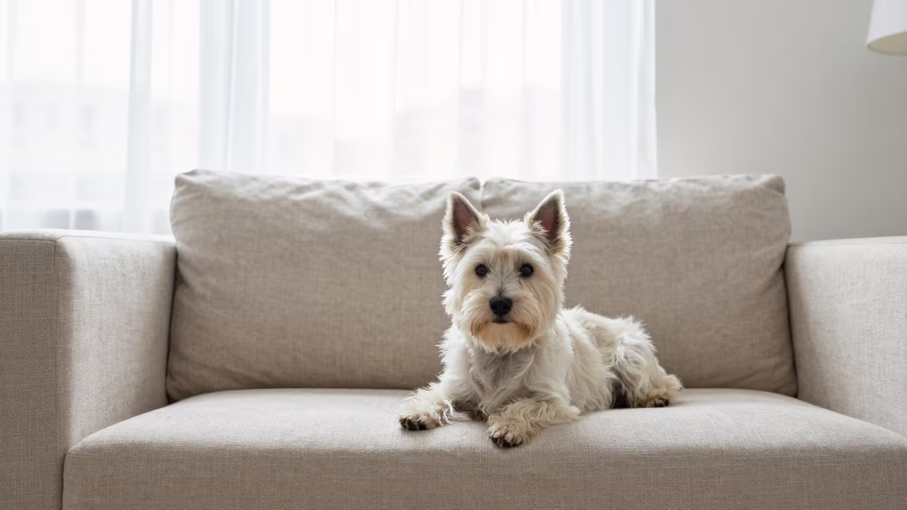 Cairn Terrier Resting on Linen Sofa in Winter Light in on a linen sofa with daylight from a nearby window in Chongqing