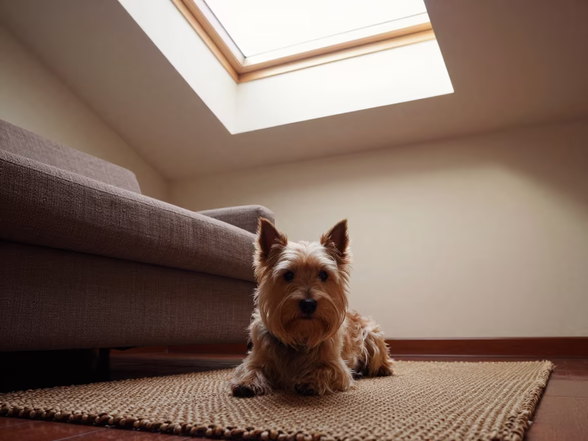 Cairn Terrier Resting on Woven Rug in Bayamo Home in on a woven rug beside a low couch and an uncluttered wall in Bayamo