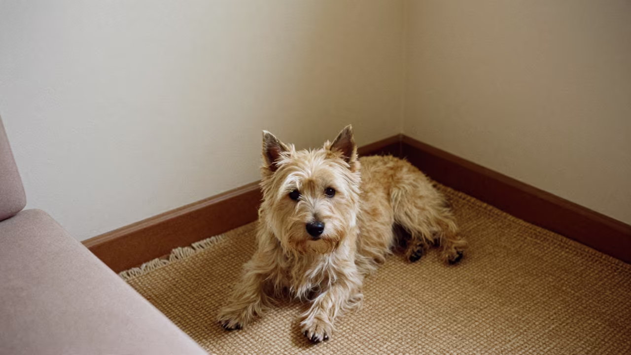 Cairn Terrier Resting on Woven Rug in Beirut Home in on a woven rug beside a low couch and an uncluttered wall near Beirut