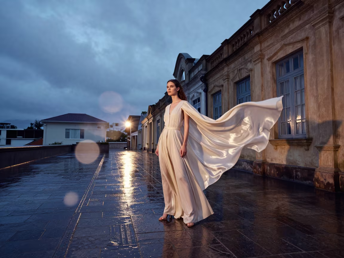 Cairns Fashion Lookbook Wind Lifts Silk in in a stone lane between old facades in Cairns