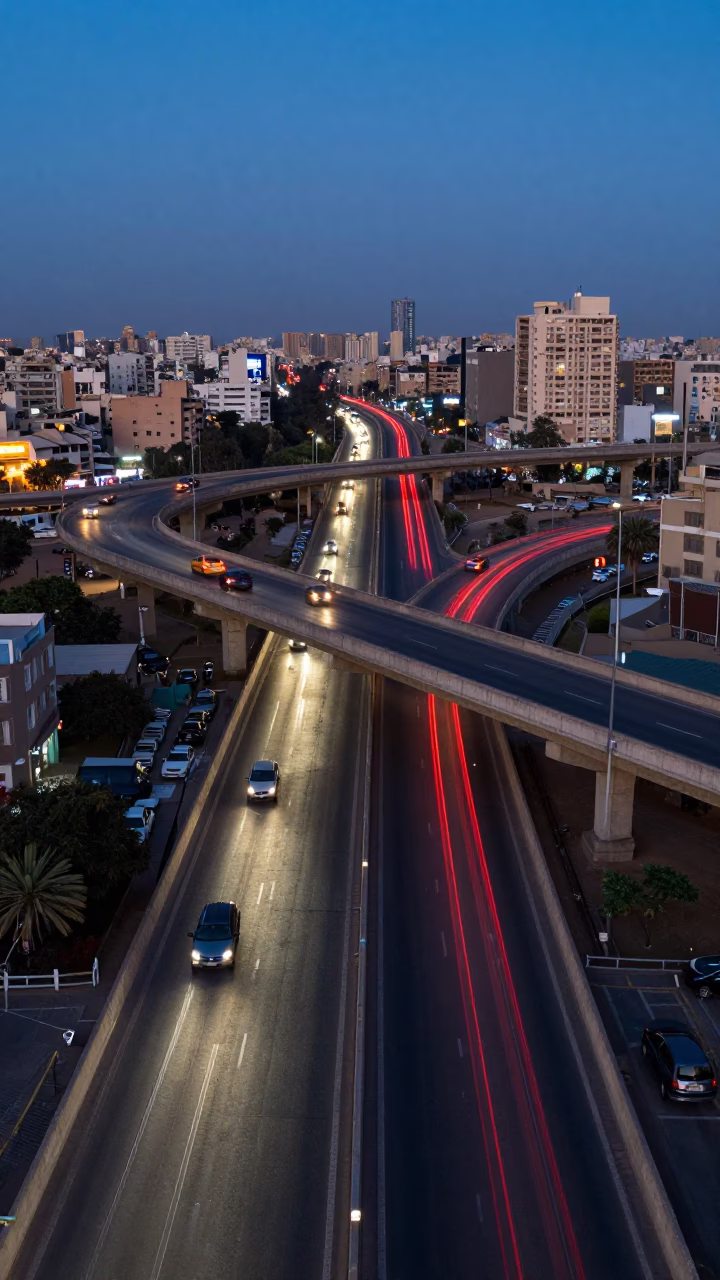 Cairo Blue Hour Overpass Interchange with Taillight Streaks and Urban Infrastructure in in Cairo, Egypt
