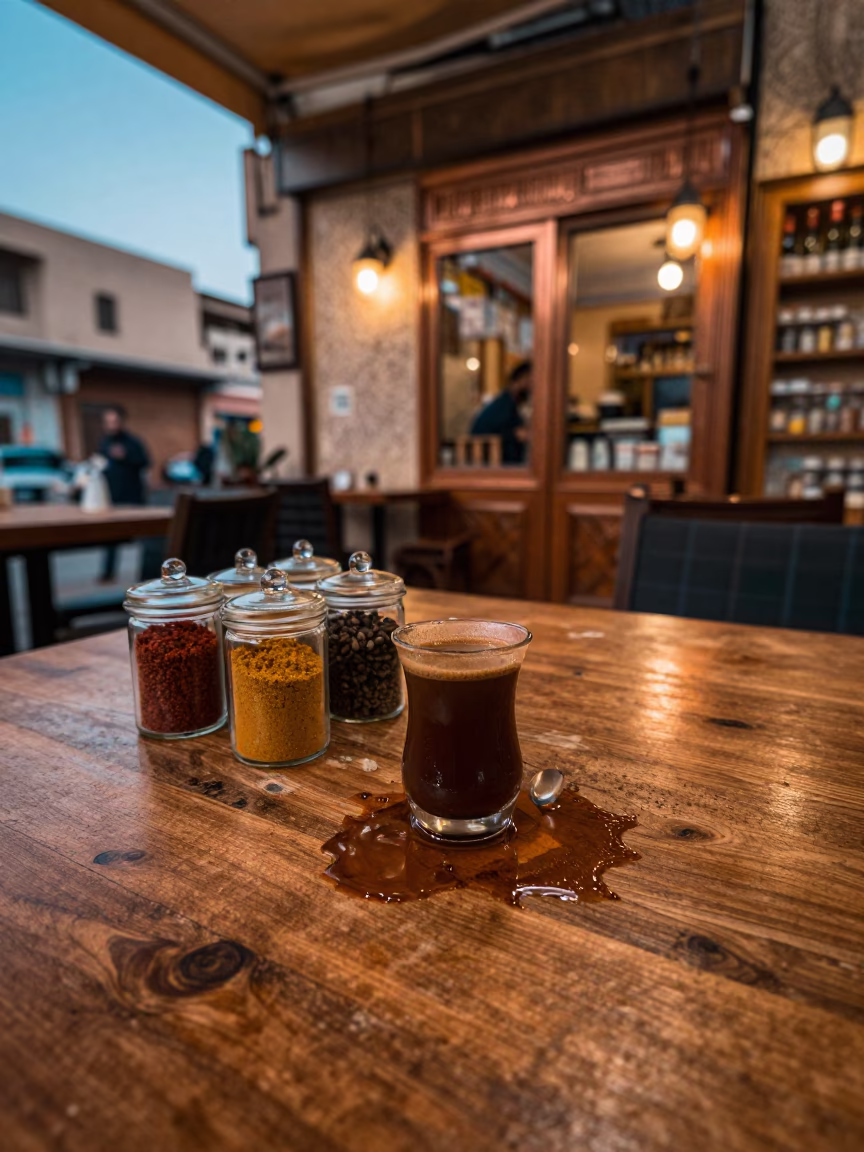 Cairo Cafe Interior with Turkish Coffee and Spices in Golden Dusk Light in in Cairo, Egypt