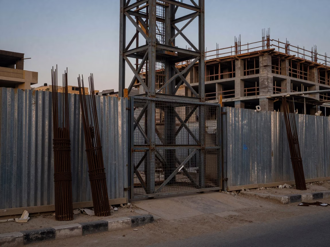 Cairo Construction Site Before Dawn with Steel Gate and Rebar Bundles in in Cairo, Egypt