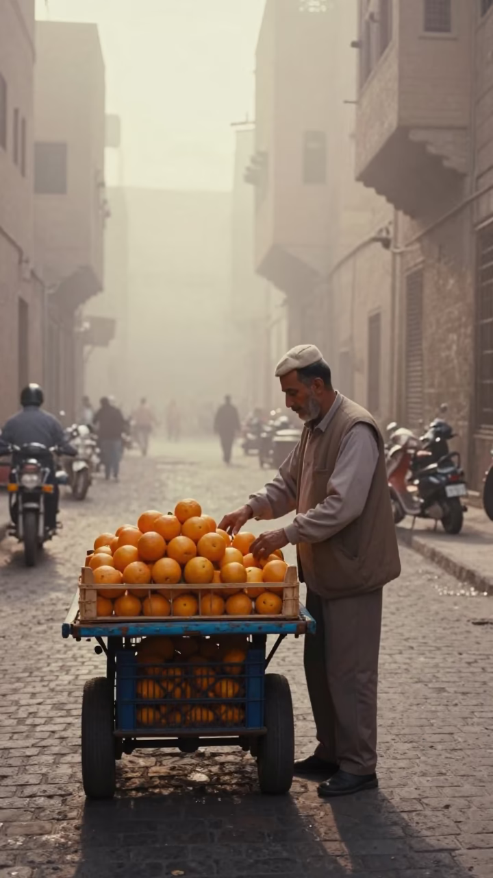 Cairo Dawn Mist Reveals Street Vendor With Fruit Crate And Vintage Radio in in Cairo, Egypt