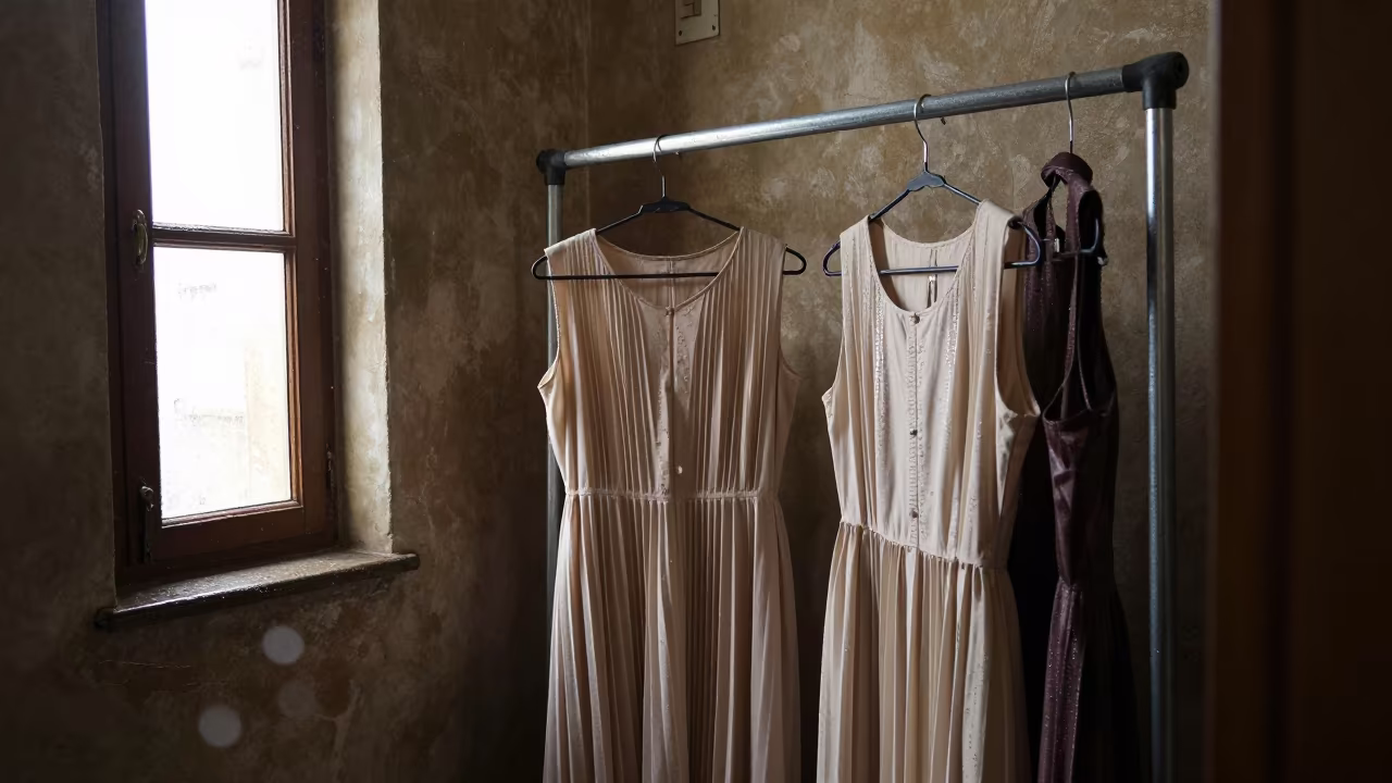 Cairo Dress Rail After Rain in in a backstage changing corridor in Cairo