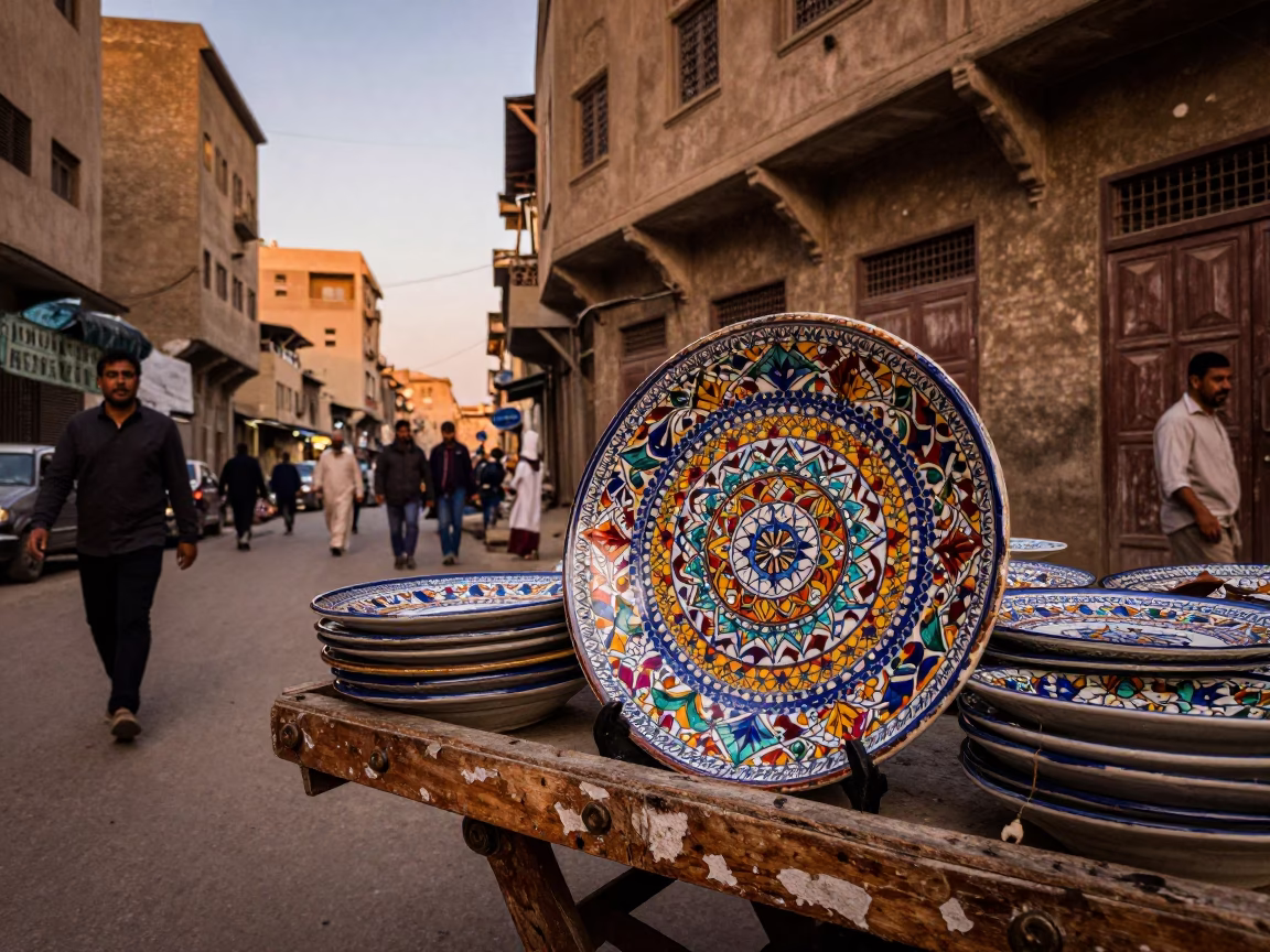 Cairo Dusk Street Scene with Vintage Majolica Plate and Local Street Food Vendor in in Cairo, Egypt