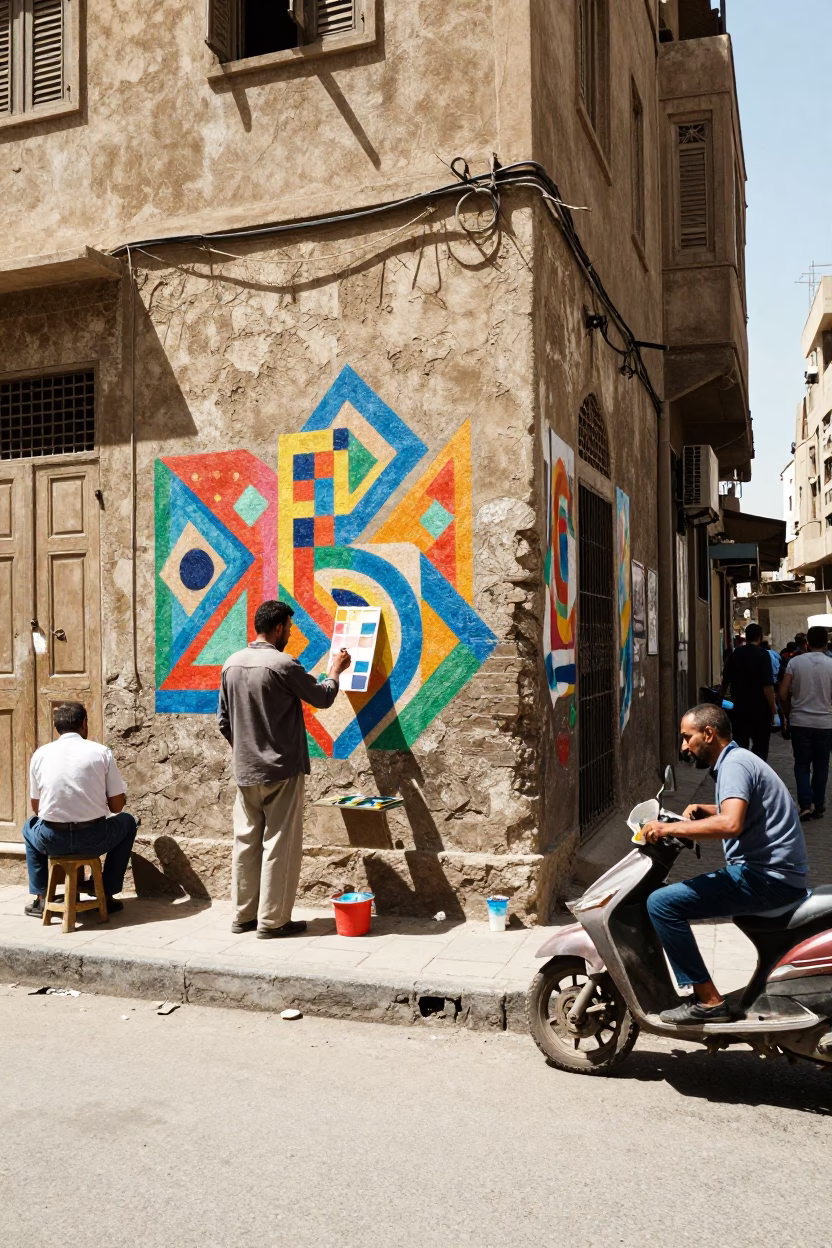 Cairo Egypt 1950s Street Scene with Murals and Daily Life in in Cairo, Egypt