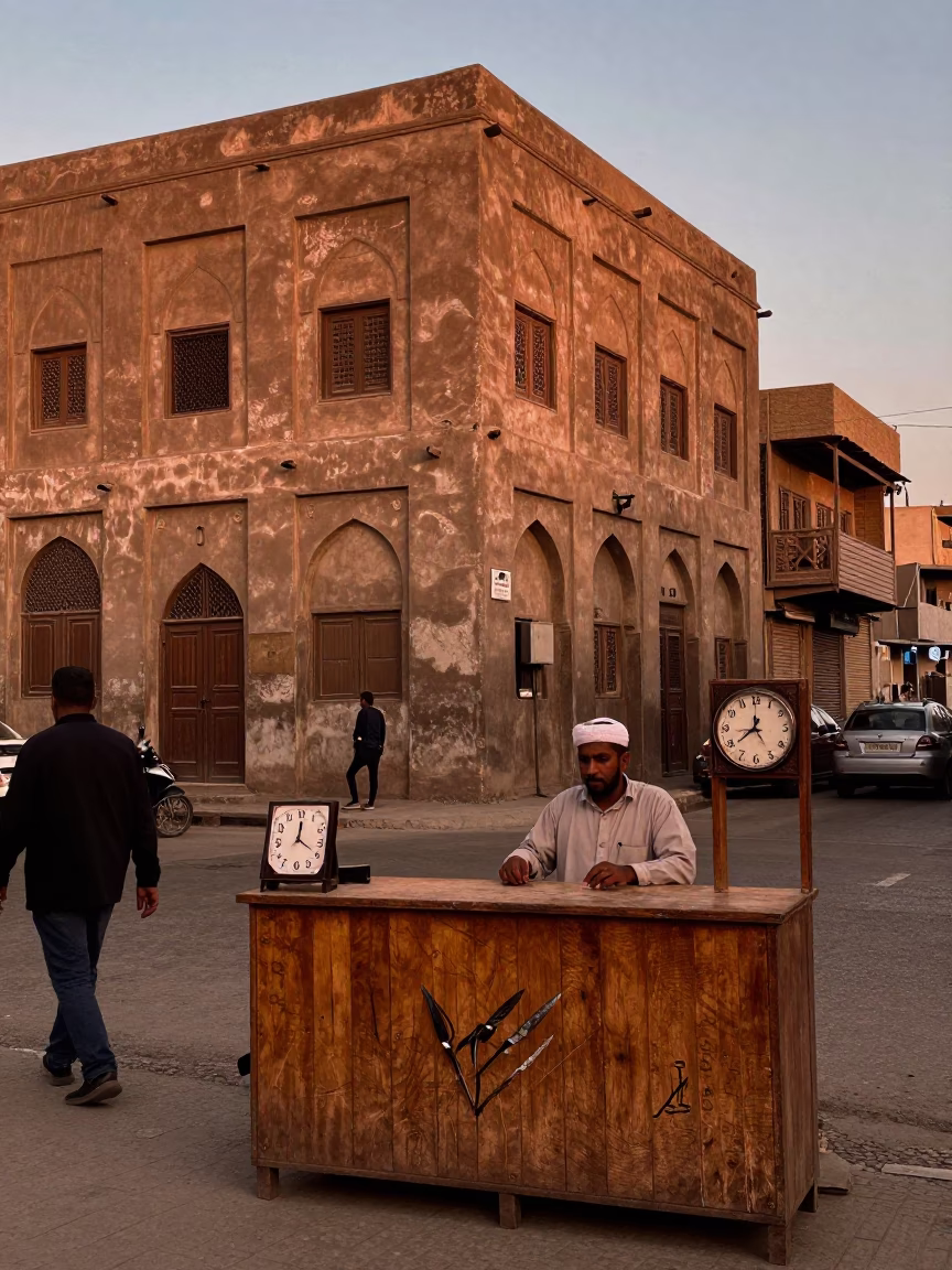 Cairo Egypt Before Dusk Street Scene with Chess Clock and Woven Mats in in Cairo, Egypt