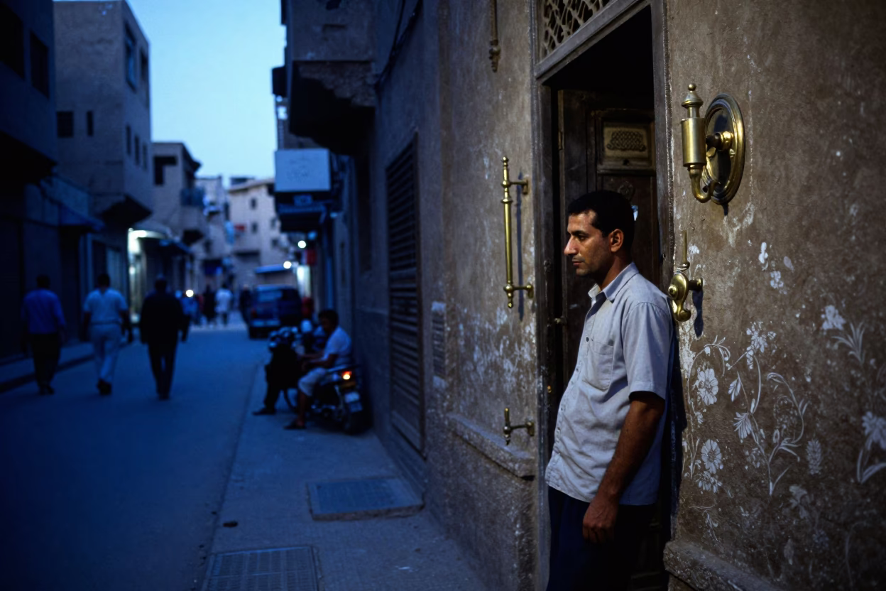 Cairo Egypt Blue Hour Street Scene with Brass Hardware and Floral Details in in Cairo, Egypt