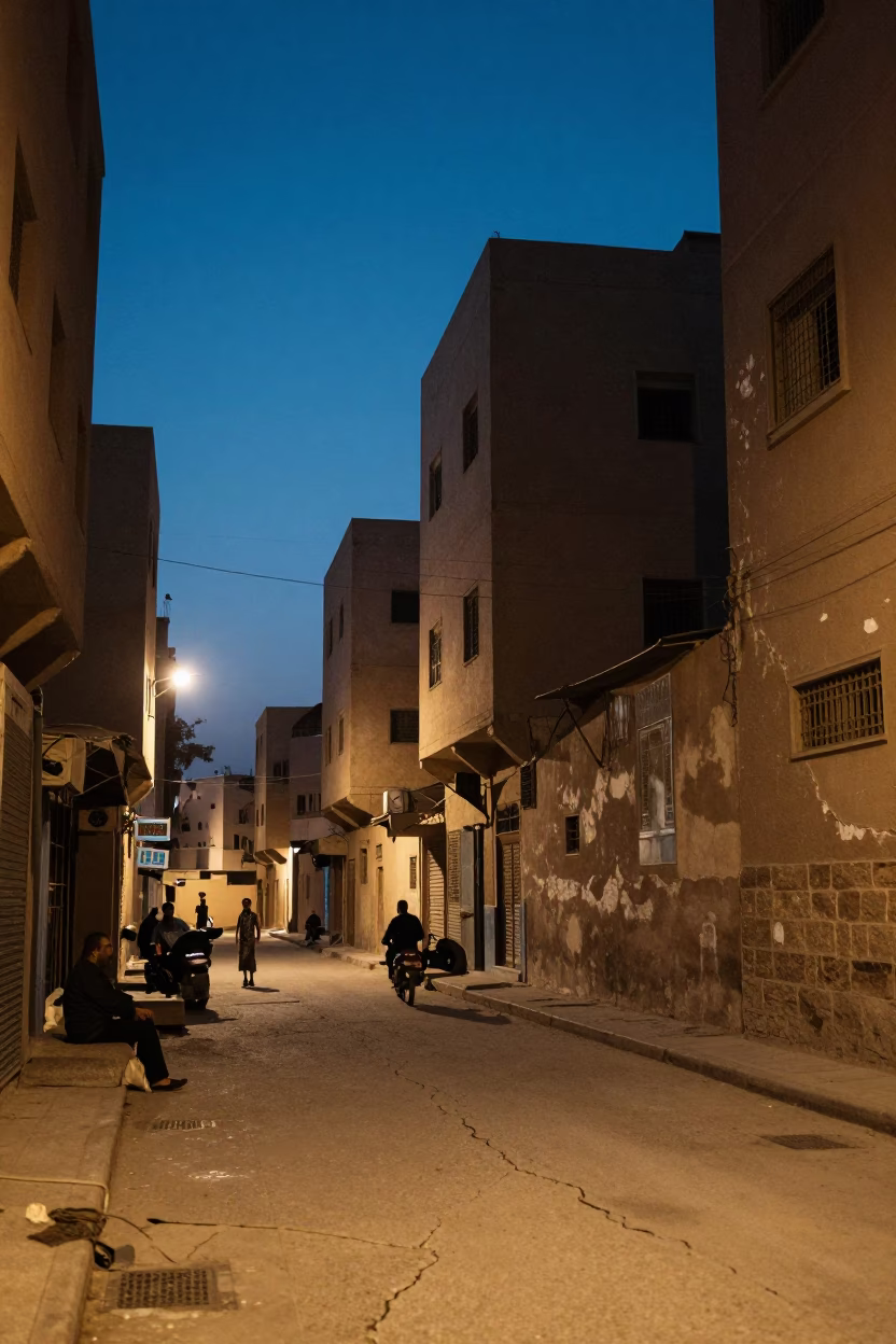 Cairo Egypt blue hour street scene with cracked stucco and local life in in Cairo, Egypt