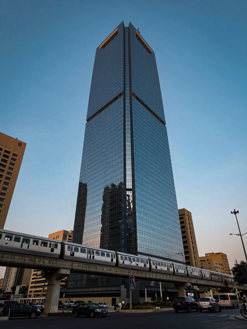 Cairo Egypt Blue Hour Street Scene with Monorail Reflection in Glass Skyscraper in in Cairo, Egypt
