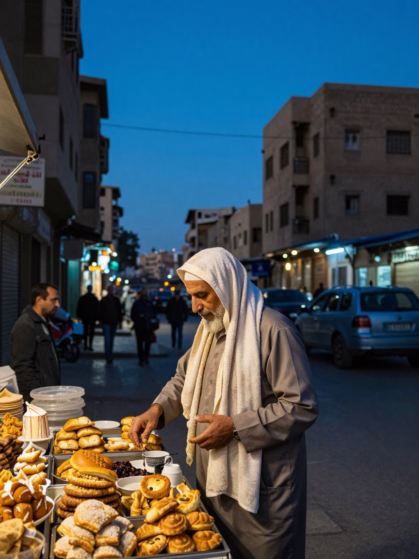 Cairo Egypt Blue Hour Street Scene with Pastries and Tea Towel in in Cairo, Egypt