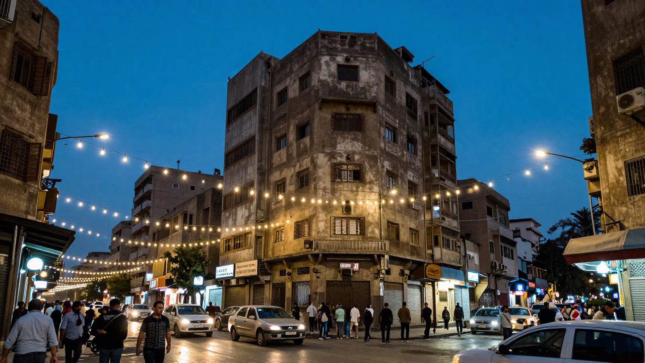 Cairo Egypt Blue Hour Street Scene with String Lights and Local Traffic in in Cairo, Egypt