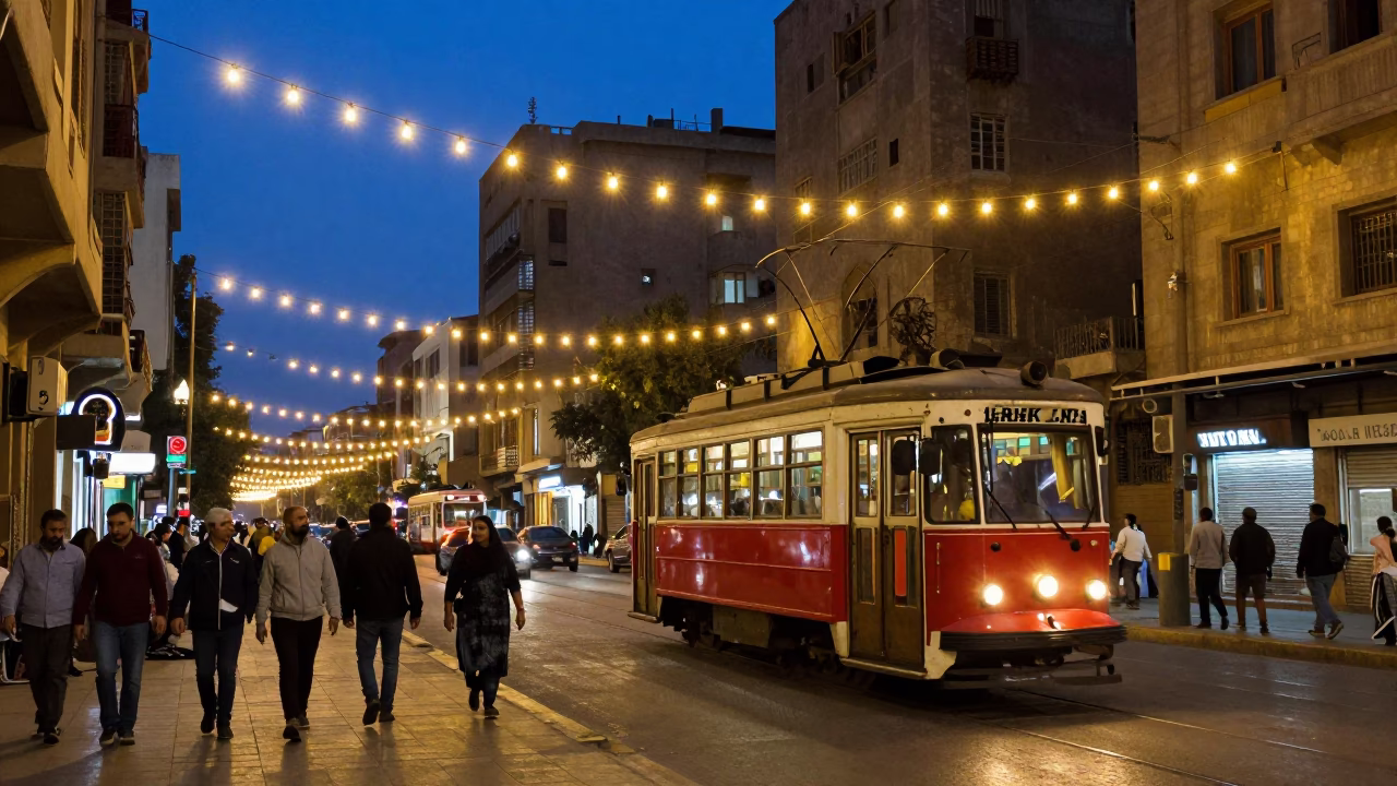 Cairo Egypt Blue Hour Street Scene with String Lights and Tram in in Cairo, Egypt