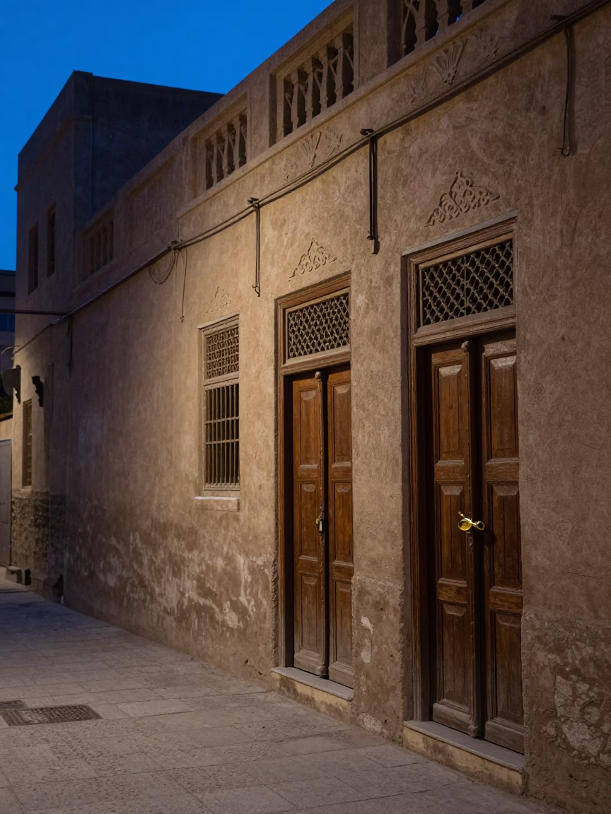 Cairo Egypt blue hour street scene with traditional latch and architectural details in in Cairo, Egypt